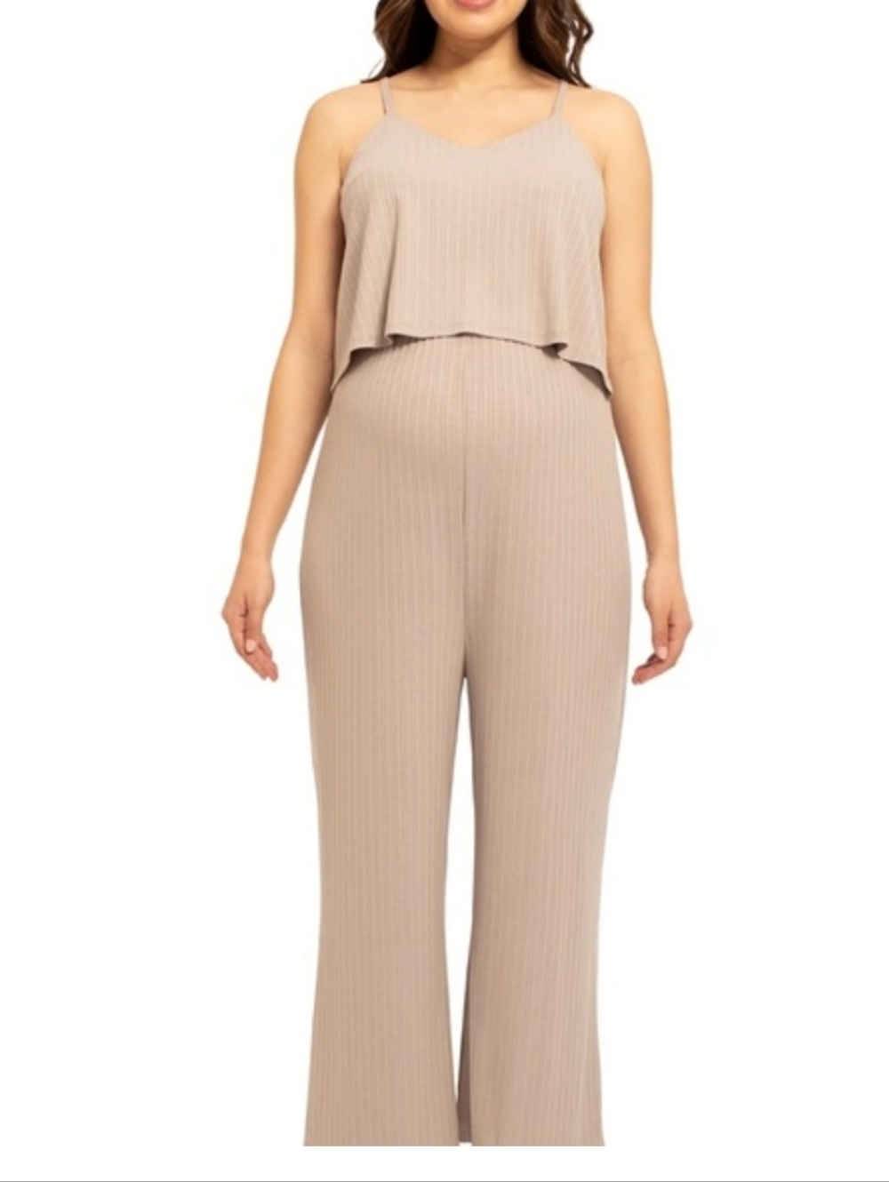 Beige Ribbed Double Layer Cropped Maternity Jumpsuit